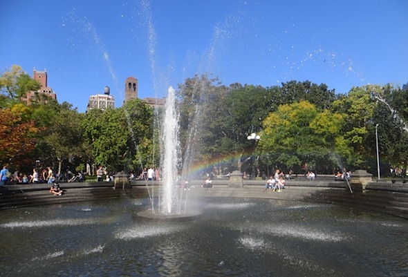 rainbow in the fountain fall washington square park